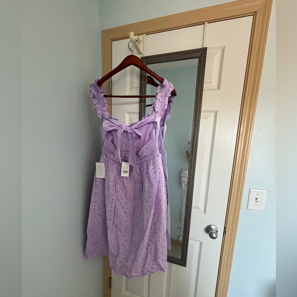 Natalie Maternity Ruffled Neckline Eyelet Dress in Lilac × 1